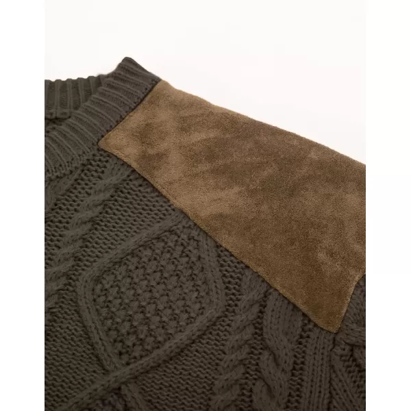 PJ PAUL JONES Men's Military Pullover Sweater Crewneck Vintage Cable Knit Sweater with Suede Patchwork