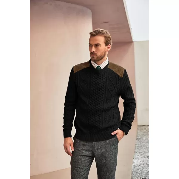 PJ PAUL JONES Men's Military Pullover Sweater Crewneck Vintage Cable Knit Sweater with Suede Patchwork