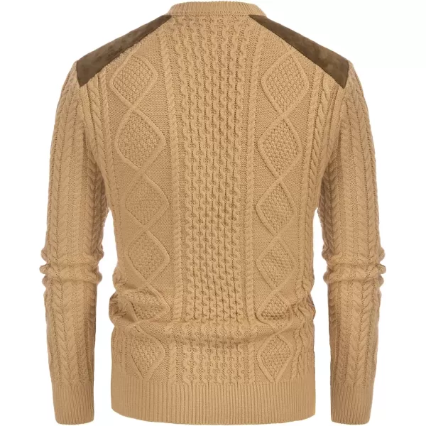 PJ PAUL JONES Men's Military Pullover Sweater Crewneck Vintage Cable Knit Sweater with Suede Patchwork