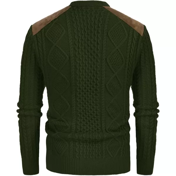 PJ PAUL JONES Men's Military Pullover Sweater Crewneck Vintage Cable Knit Sweater with Suede Patchwork