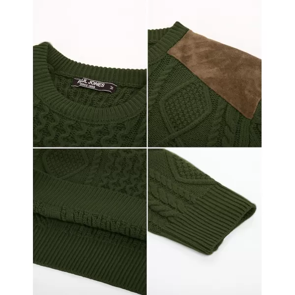 PJ PAUL JONES Men's Military Pullover Sweater Crewneck Vintage Cable Knit Sweater with Suede Patchwork