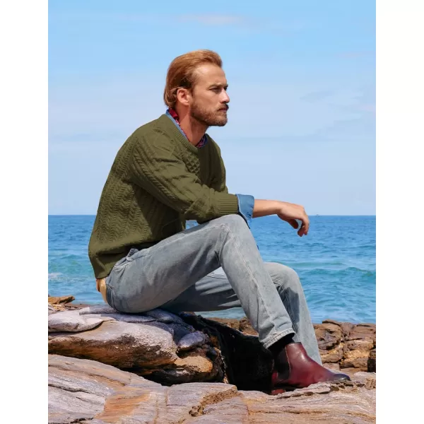 PJ PAUL JONES Men's Military Pullover Sweater Crewneck Vintage Cable Knit Sweater with Suede Patchwork