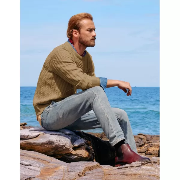 PJ PAUL JONES Men's Military Pullover Sweater Crewneck Vintage Cable Knit Sweater with Suede Patchwork