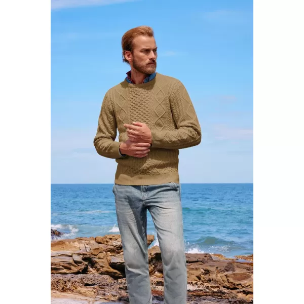PJ PAUL JONES Men's Military Pullover Sweater Crewneck Vintage Cable Knit Sweater with Suede Patchwork
