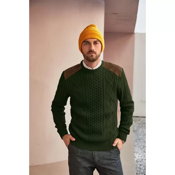 PJ PAUL JONES Men's Military Pullover Sweater Crewneck Vintage Cable Knit Sweater with Suede Patchwork