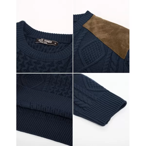 PJ PAUL JONES Men's Military Pullover Sweater Crewneck Vintage Cable Knit Sweater with Suede Patchwork