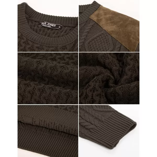 PJ PAUL JONES Men's Military Pullover Sweater Crewneck Vintage Cable Knit Sweater with Suede Patchwork