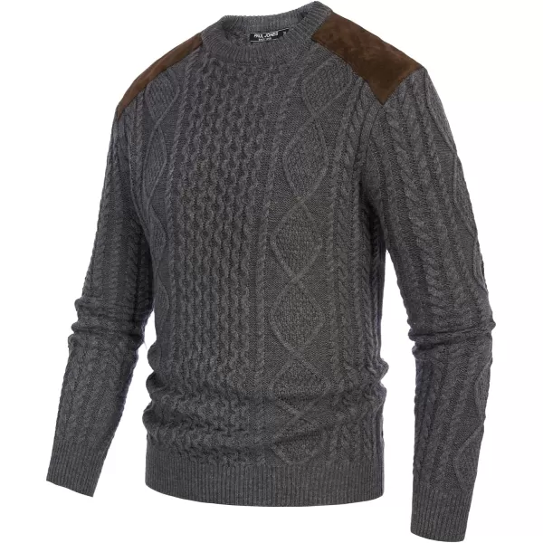 PJ PAUL JONES Men's Military Pullover Sweater Crewneck Vintage Cable Knit Sweater with Suede Patchwork