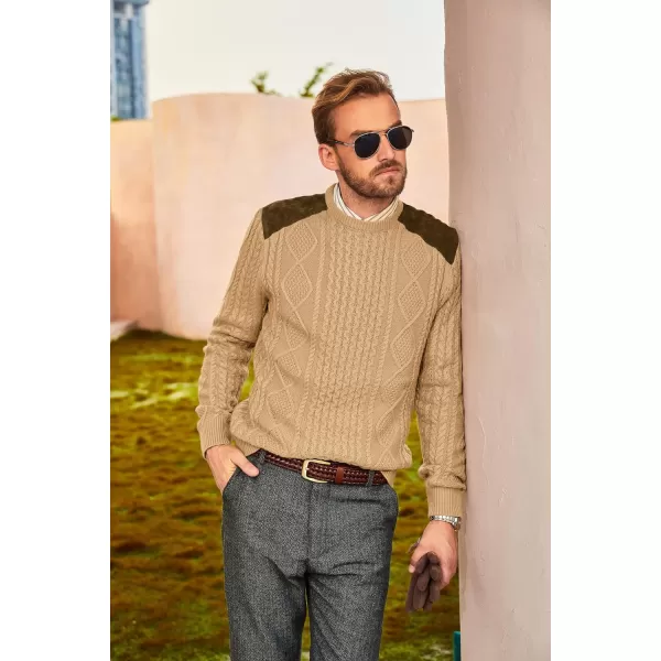 PJ PAUL JONES Men's Military Pullover Sweater Crewneck Vintage Cable Knit Sweater with Suede Patchwork