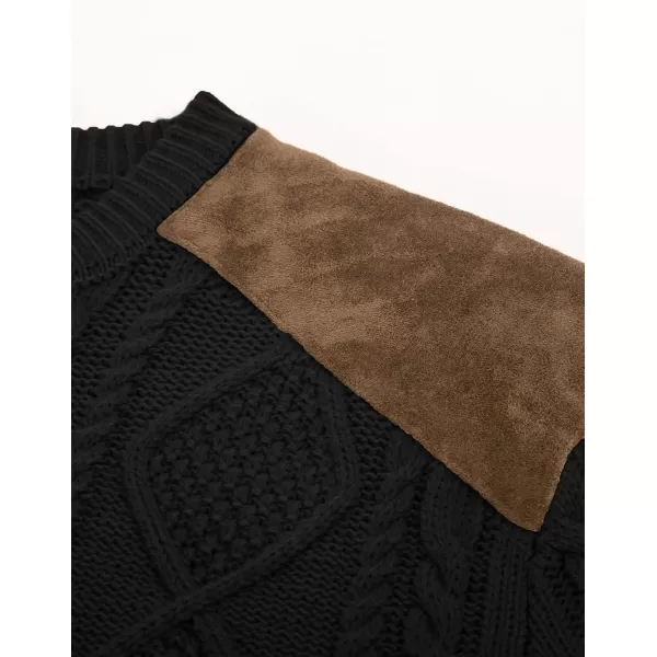PJ PAUL JONES Men's Military Pullover Sweater Crewneck Vintage Cable Knit Sweater with Suede Patchwork