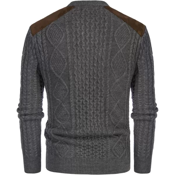 PJ PAUL JONES Men's Military Pullover Sweater Crewneck Vintage Cable Knit Sweater with Suede Patchwork