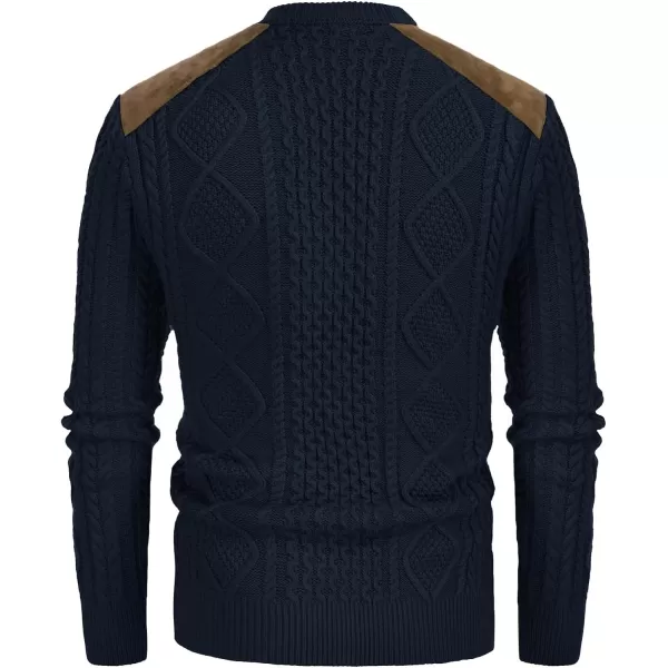 PJ PAUL JONES Men's Military Pullover Sweater Crewneck Vintage Cable Knit Sweater with Suede Patchwork