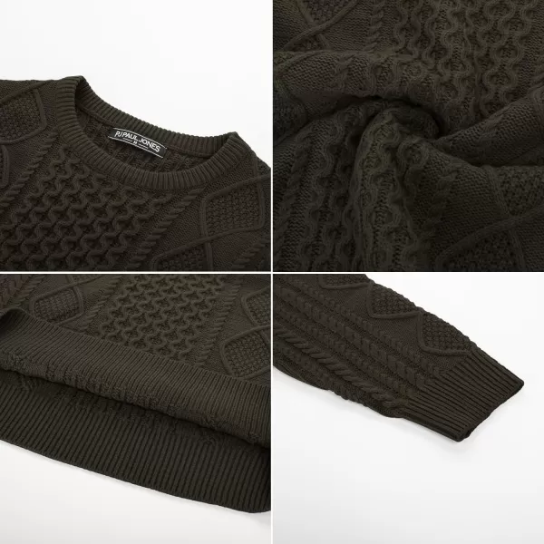 PJ PAUL JONES Men's Military Pullover Sweater Crewneck Vintage Cable Knit Sweater with Suede Patchwork