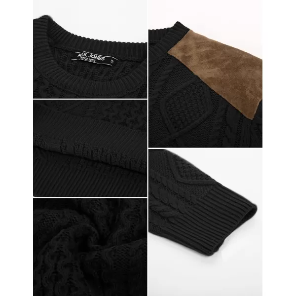 PJ PAUL JONES Men's Military Pullover Sweater Crewneck Vintage Cable Knit Sweater with Suede Patchwork