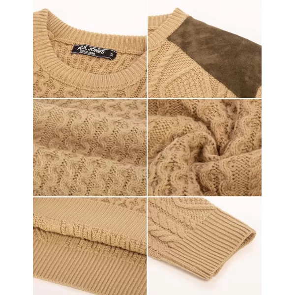 PJ PAUL JONES Men's Military Pullover Sweater Crewneck Vintage Cable Knit Sweater with Suede Patchwork