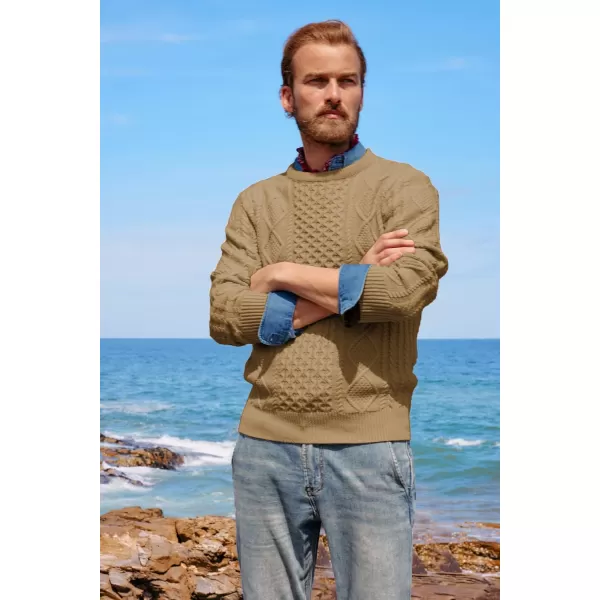 PJ PAUL JONES Men's Military Pullover Sweater Crewneck Vintage Cable Knit Sweater with Suede Patchwork