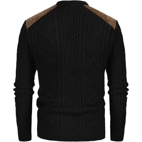 PJ PAUL JONES Men's Military Pullover Sweater Crewneck Vintage Cable Knit Sweater with Suede Patchwork