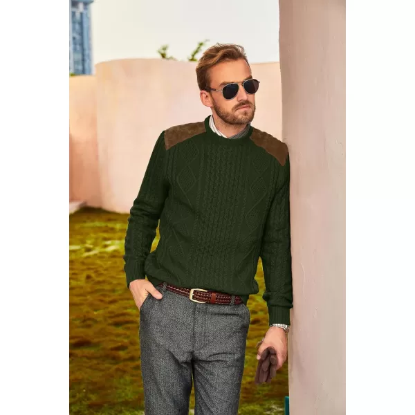 PJ PAUL JONES Men's Military Pullover Sweater Crewneck Vintage Cable Knit Sweater with Suede Patchwork