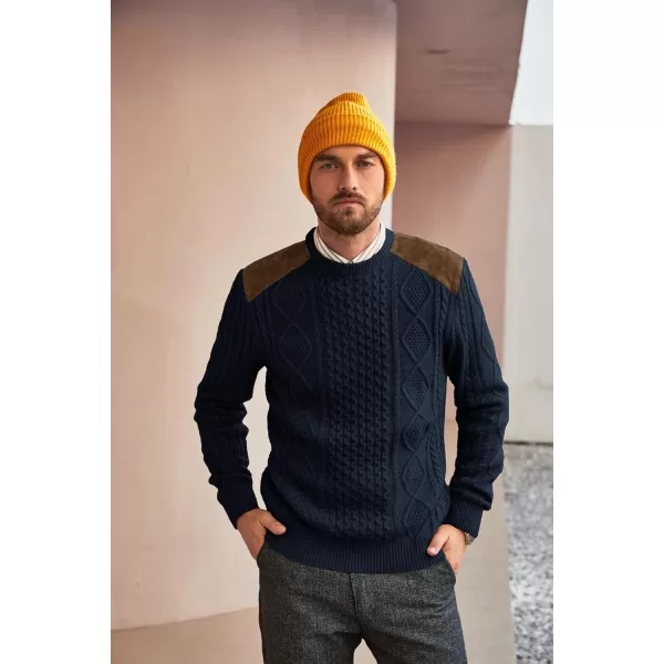 PJ PAUL JONES Men's Military Pullover Sweater Crewneck Vintage Cable Knit Sweater with Suede Patchwork