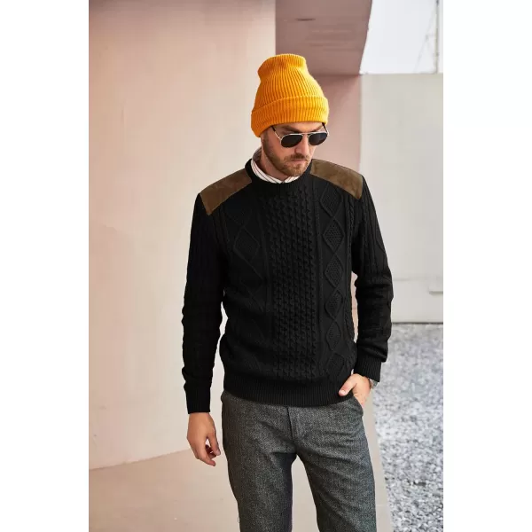 PJ PAUL JONES Men's Military Pullover Sweater Crewneck Vintage Cable Knit Sweater with Suede Patchwork