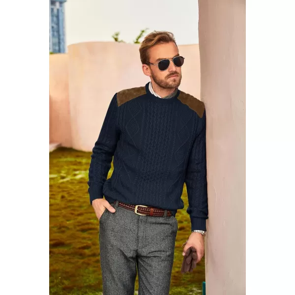 PJ PAUL JONES Men's Military Pullover Sweater Crewneck Vintage Cable Knit Sweater with Suede Patchwork