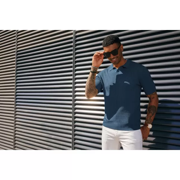PJ PAUL JONES Mens Polo Shirts Short Sleeve Casual V Neck Ribbed Textured Knit Polo Shirt