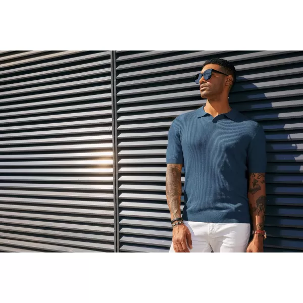 PJ PAUL JONES Mens Polo Shirts Short Sleeve Casual V Neck Ribbed Textured Knit Polo Shirt