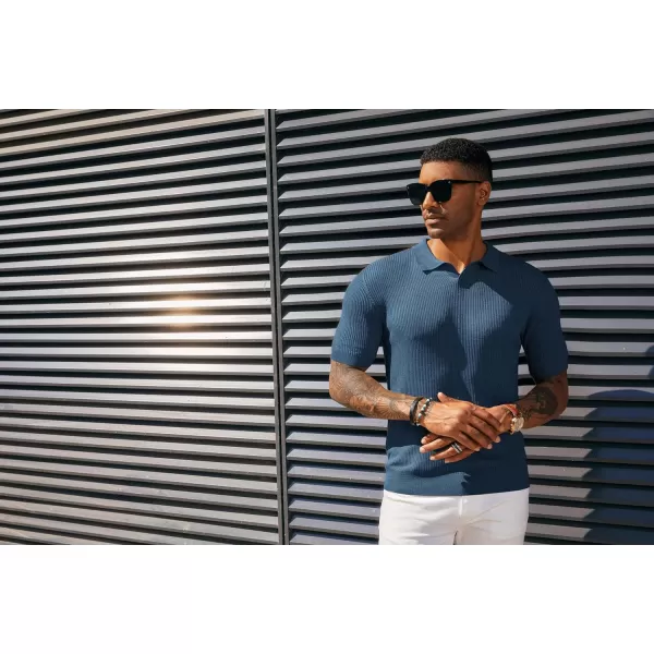 PJ PAUL JONES Mens Polo Shirts Short Sleeve Casual V Neck Ribbed Textured Knit Polo Shirt