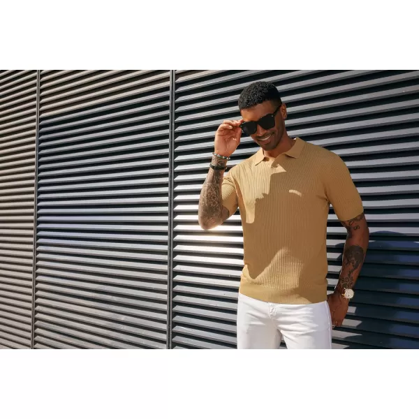 PJ PAUL JONES Mens Polo Shirts Short Sleeve Casual V Neck Ribbed Textured Knit Polo Shirt