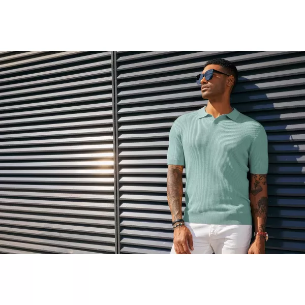 PJ PAUL JONES Mens Polo Shirts Short Sleeve Casual V Neck Ribbed Textured Knit Polo Shirt