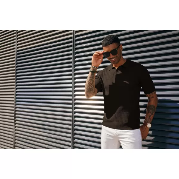 PJ PAUL JONES Mens Polo Shirts Short Sleeve Casual V Neck Ribbed Textured Knit Polo Shirt