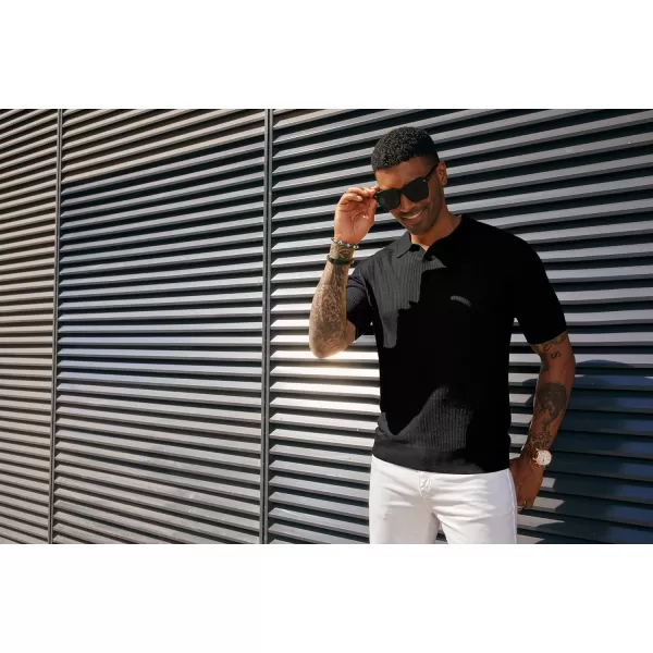 PJ PAUL JONES Mens Polo Shirts Short Sleeve Casual V Neck Ribbed Textured Knit Polo Shirt