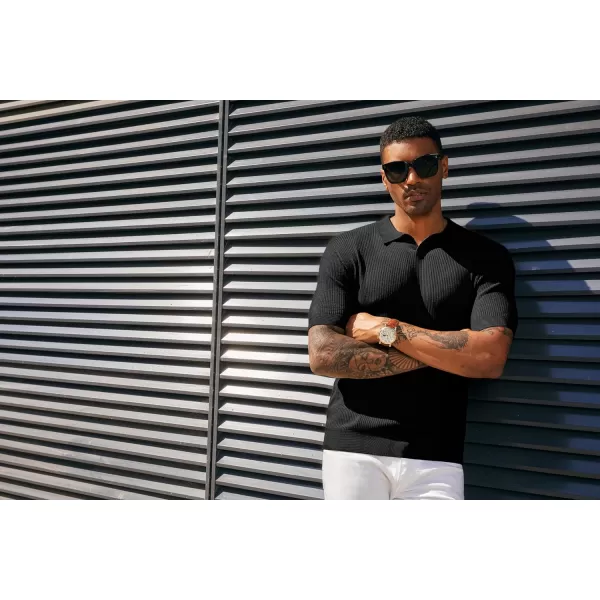 PJ PAUL JONES Mens Polo Shirts Short Sleeve Casual V Neck Ribbed Textured Knit Polo Shirt