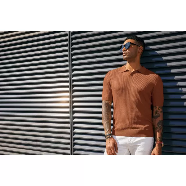 PJ PAUL JONES Mens Polo Shirts Short Sleeve Casual V Neck Ribbed Textured Knit Polo Shirt