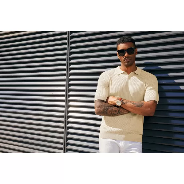 PJ PAUL JONES Mens Polo Shirts Short Sleeve Casual V Neck Ribbed Textured Knit Polo Shirt