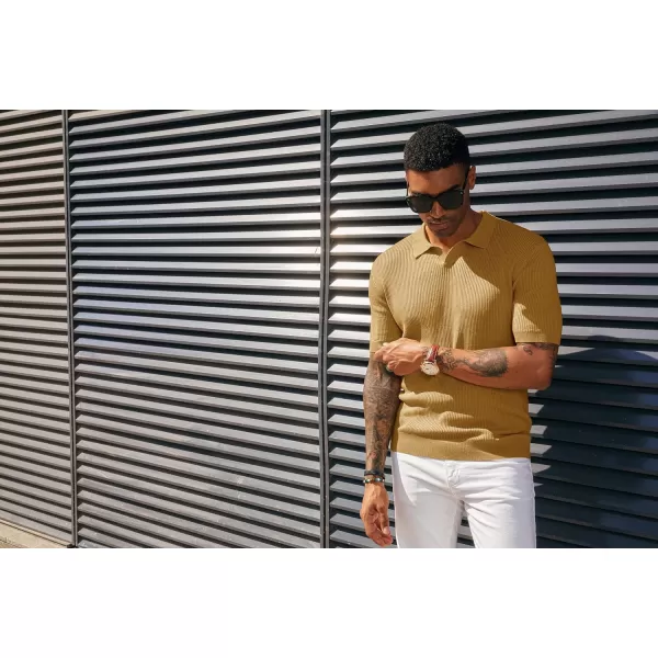 PJ PAUL JONES Mens Polo Shirts Short Sleeve Casual V Neck Ribbed Textured Knit Polo Shirt