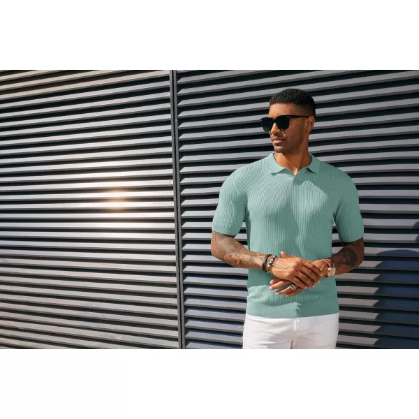 PJ PAUL JONES Mens Polo Shirts Short Sleeve Casual V Neck Ribbed Textured Knit Polo Shirt