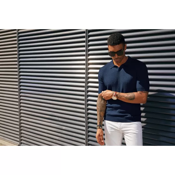 PJ PAUL JONES Mens Polo Shirts Short Sleeve Casual V Neck Ribbed Textured Knit Polo Shirt