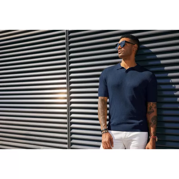 PJ PAUL JONES Mens Polo Shirts Short Sleeve Casual V Neck Ribbed Textured Knit Polo Shirt