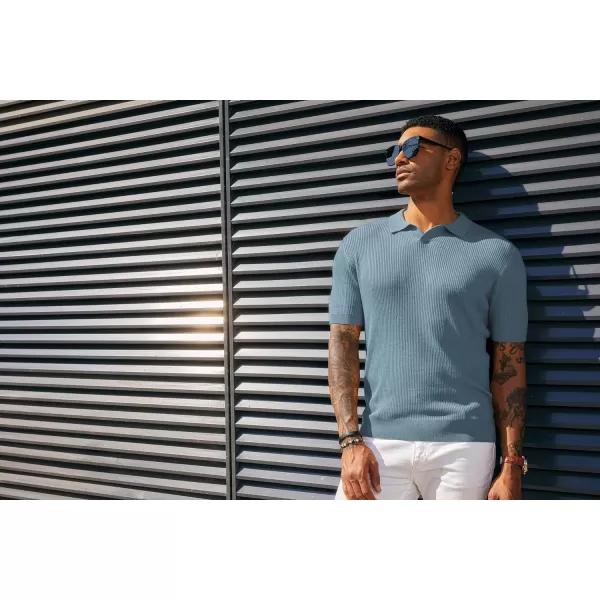 PJ PAUL JONES Mens Polo Shirts Short Sleeve Casual V Neck Ribbed Textured Knit Polo Shirt