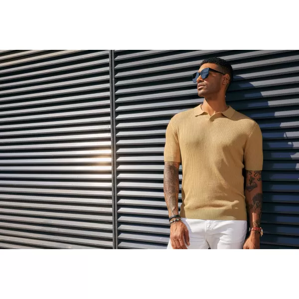 PJ PAUL JONES Mens Polo Shirts Short Sleeve Casual V Neck Ribbed Textured Knit Polo Shirt