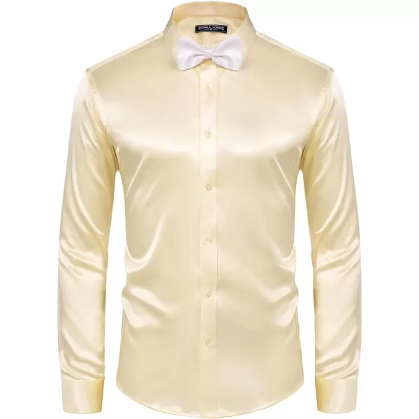PJ PAUL JONES Men's Shiny Satin Dress Shirts Long Sleeve Button Down Silk Shirt with Bow Tie