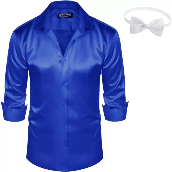 PJ PAUL JONES Men's Shiny Satin Dress Shirts Long Sleeve Button Down Silk Shirt with Bow Tie