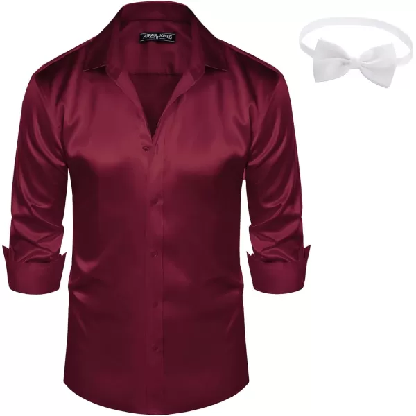 PJ PAUL JONES Men's Shiny Satin Dress Shirts Long Sleeve Button Down Silk Shirt with Bow Tie