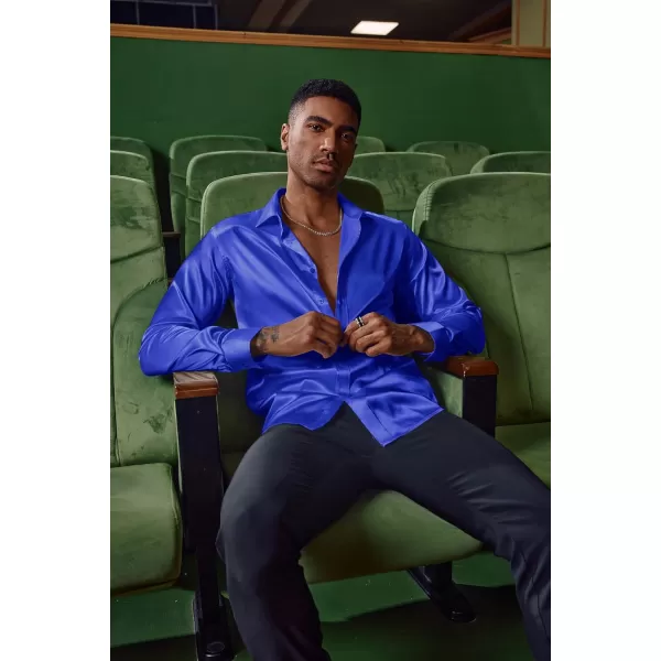 PJ PAUL JONES Men's Shiny Satin Dress Shirts Long Sleeve Button Down Silk Shirt with Bow Tie