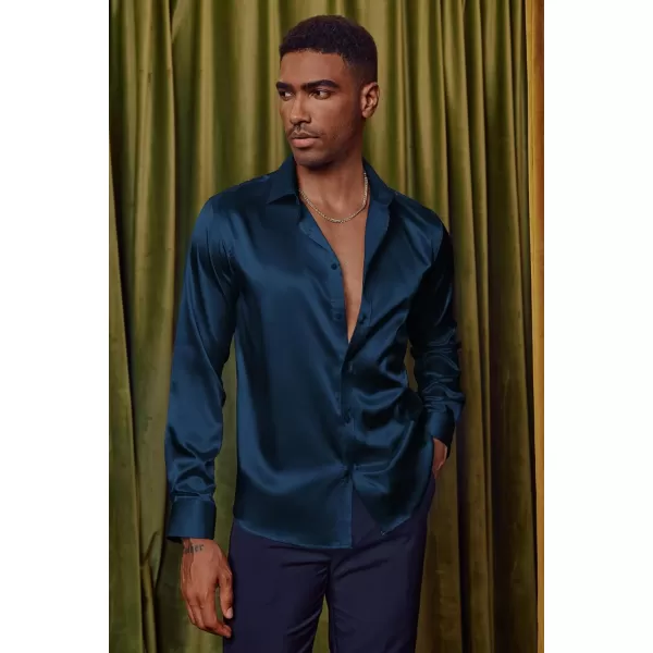 PJ PAUL JONES Men's Shiny Satin Dress Shirts Long Sleeve Button Down Silk Shirt with Bow Tie