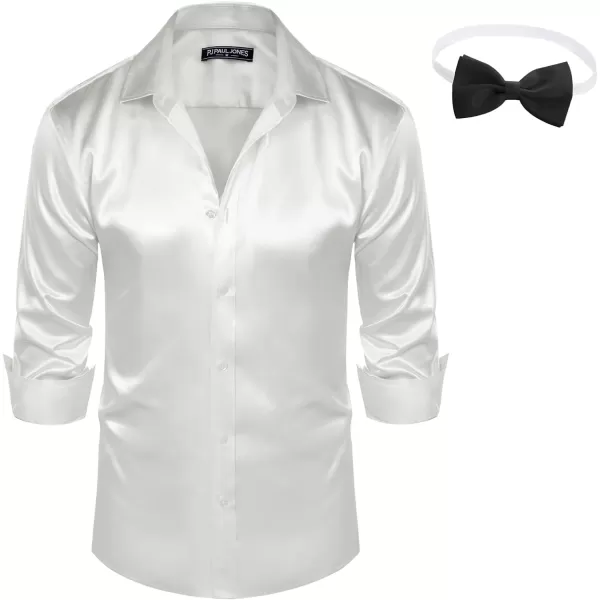 PJ PAUL JONES Men's Shiny Satin Dress Shirts Long Sleeve Button Down Silk Shirt with Bow Tie