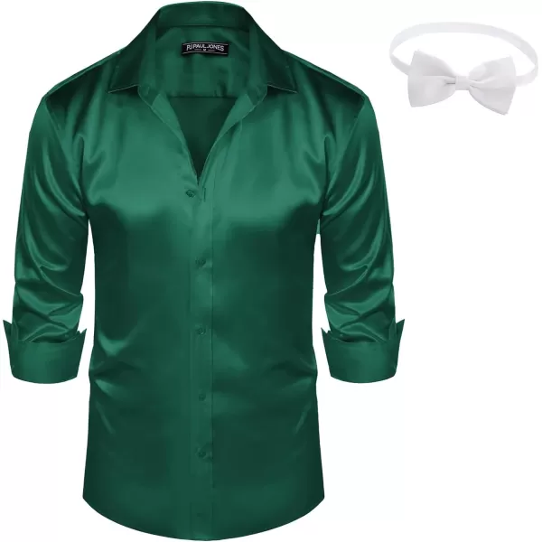 PJ PAUL JONES Men's Shiny Satin Dress Shirts Long Sleeve Button Down Silk Shirt with Bow Tie