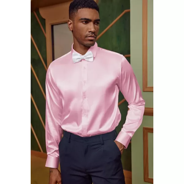 PJ PAUL JONES Men's Shiny Satin Dress Shirts Long Sleeve Button Down Silk Shirt with Bow Tie