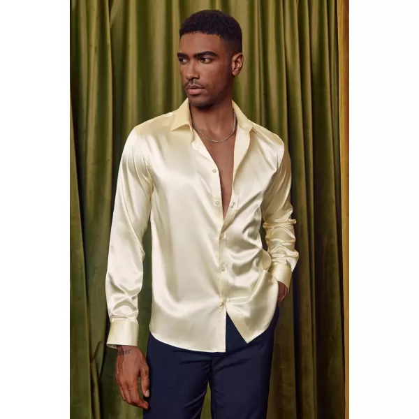 PJ PAUL JONES Men's Shiny Satin Dress Shirts Long Sleeve Button Down Silk Shirt with Bow Tie